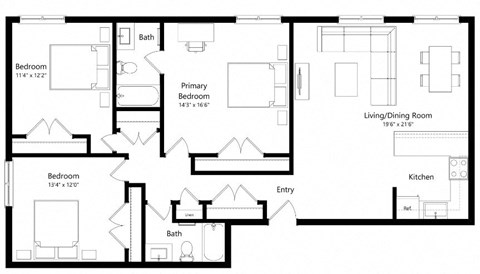 Floor plan for 3 beds, 2 baths, 1256 sqft